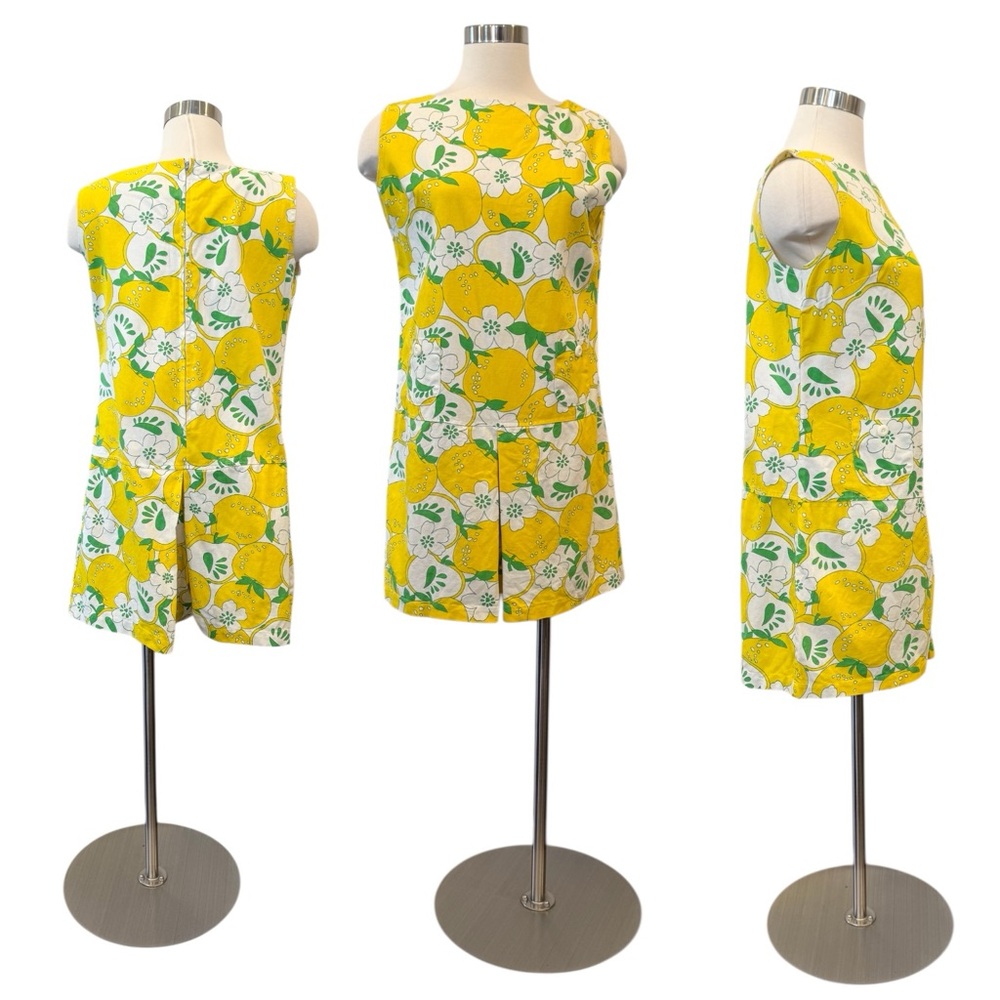 Vintage Playsuit Cotton Yellow Apple Fruit Print MCM 60s Mini Dress Romper L - Picture 9 of 9